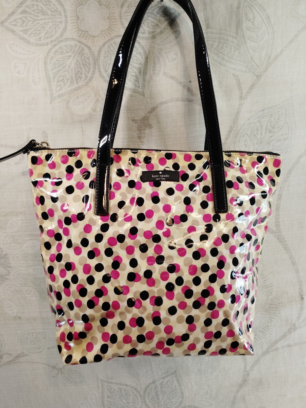 kate spade Cream Tote with Pink and Black Polka Dots